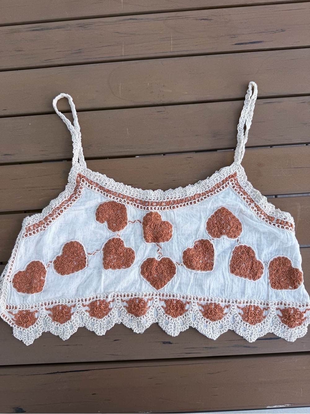 Women’s White Crochet Trim Crop Tank with Rust Heart Appliqués